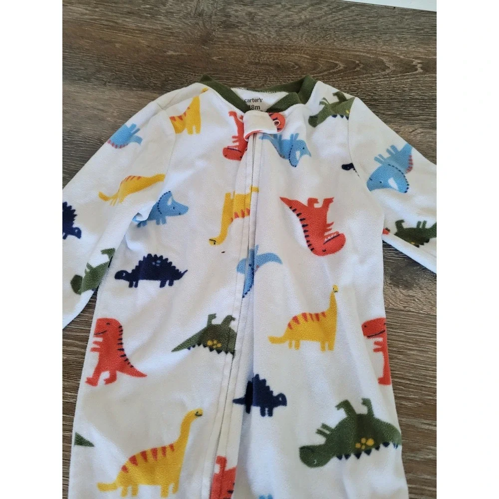 Carters Baby Boys 18M Dinosaur Fleece Footed Pajamas White Green Zip Sleeper #3